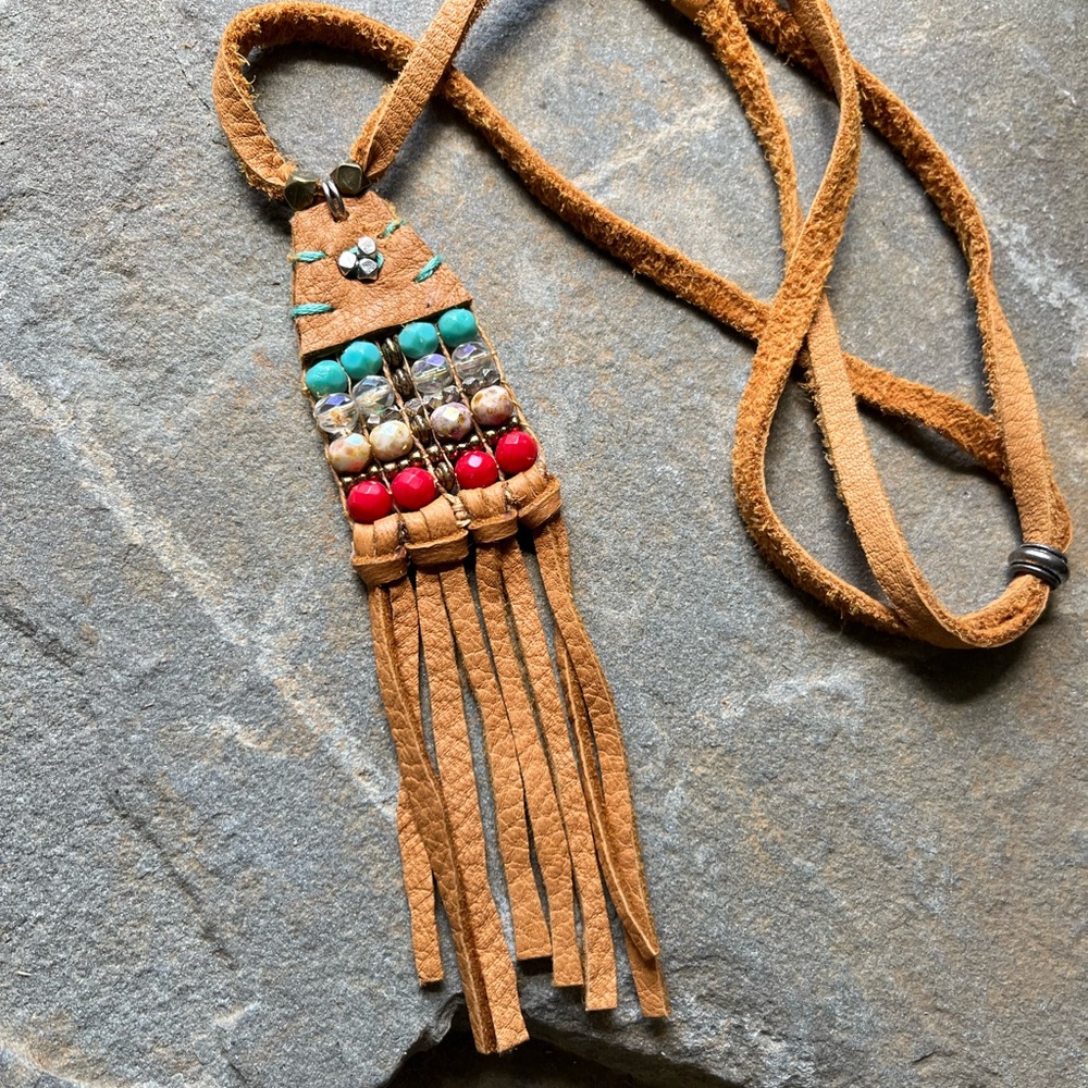 Sundance style leather beaded necklace